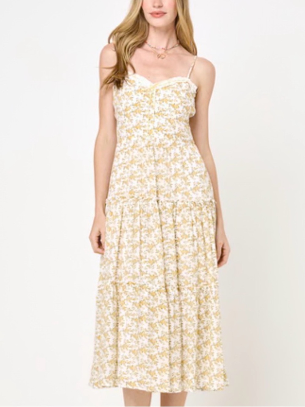 Trixxi| Feminine Yellow & White Floral Spaghetti Strap Tiered Midi Dress Sz L